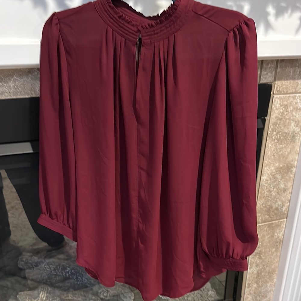 Worthington Red Puff Sleeve Blouse with Mandarin Collar